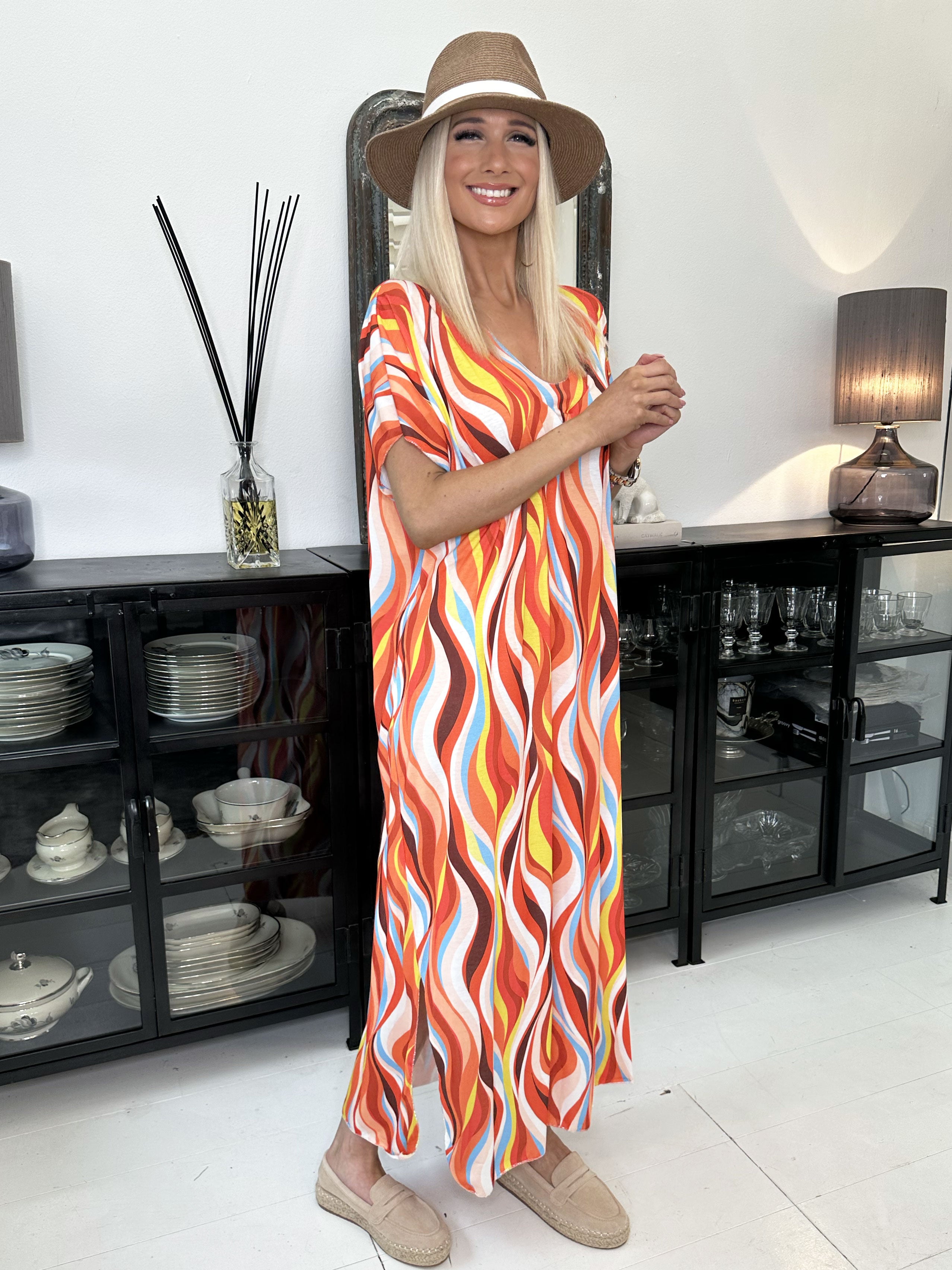 Kirsa long - Flerfarvet lang kjole i blødt stof